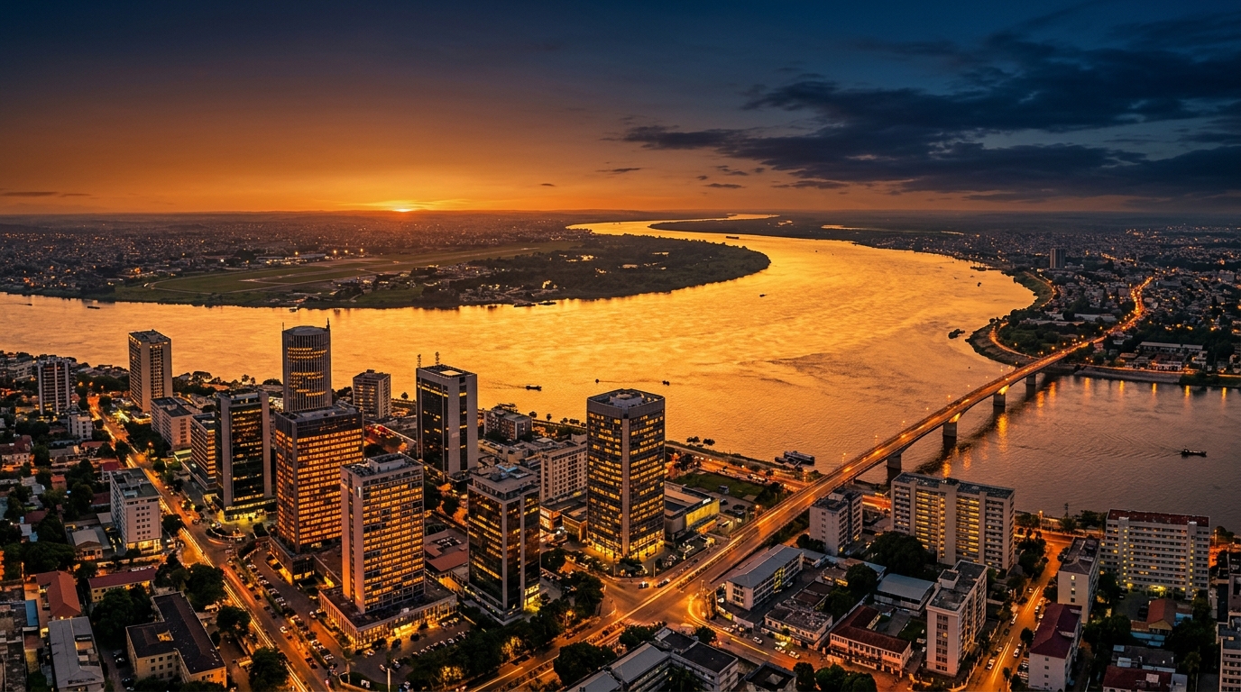 Vue aérienne de Brazzaville au coucher du soleil, Congo